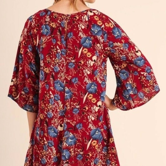 Umgee Red Floral Keyhole Bell Sleeve Tunic Dress M - Picture 3 of 8